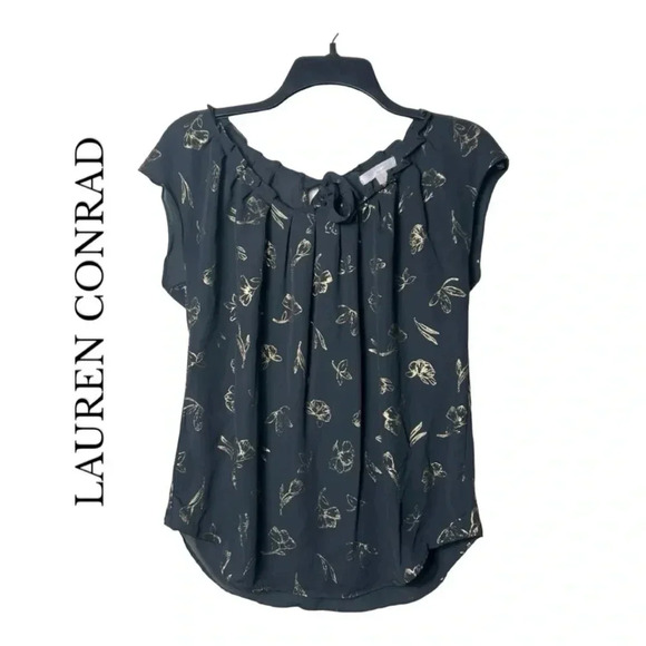 1452. LAUREN CONRAD SHORT CAP SLEEVE BLOUSE GRAY/METALLIC GOLD COLORS‎ FLORAL - Picture 1 of 9